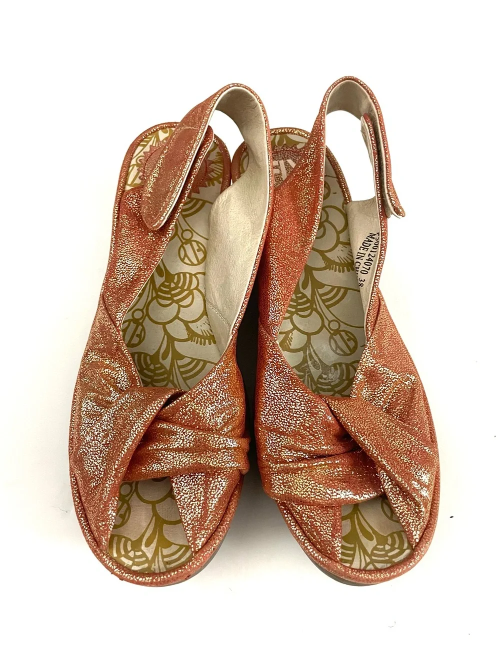 Fly London Yakin Orange Glitter Metallic Peep Toe Wedge Sandals Size 38/7.5